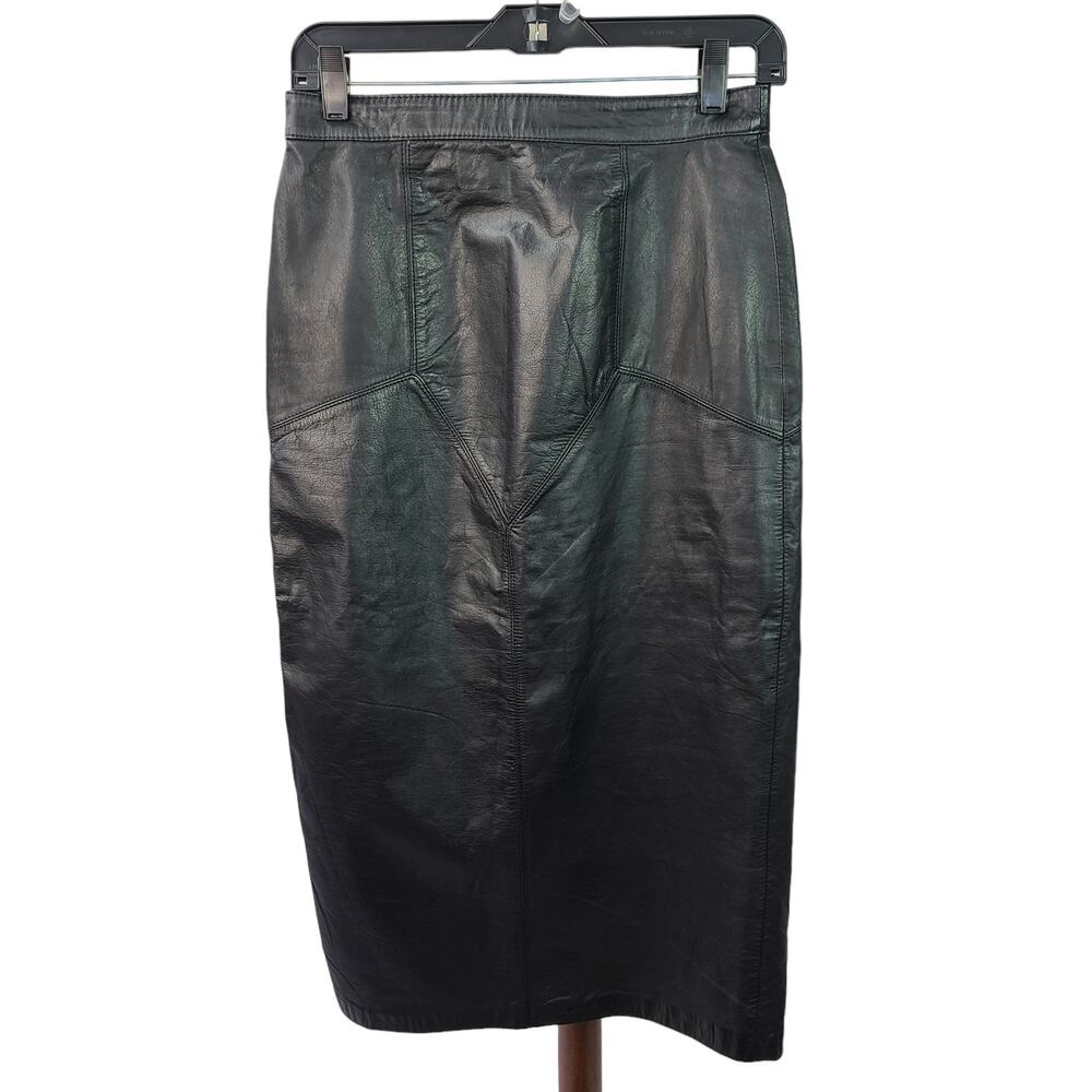 G 111 Black Leather Lined Vintage Skirt Unique Snap Slit Midi Maxi SM MD